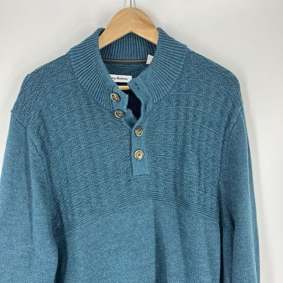 Tommy Bahama Sweater Size XL Mens Seaway Teal Sorrento Beach Button Mock Henley - Picture 2 of 8